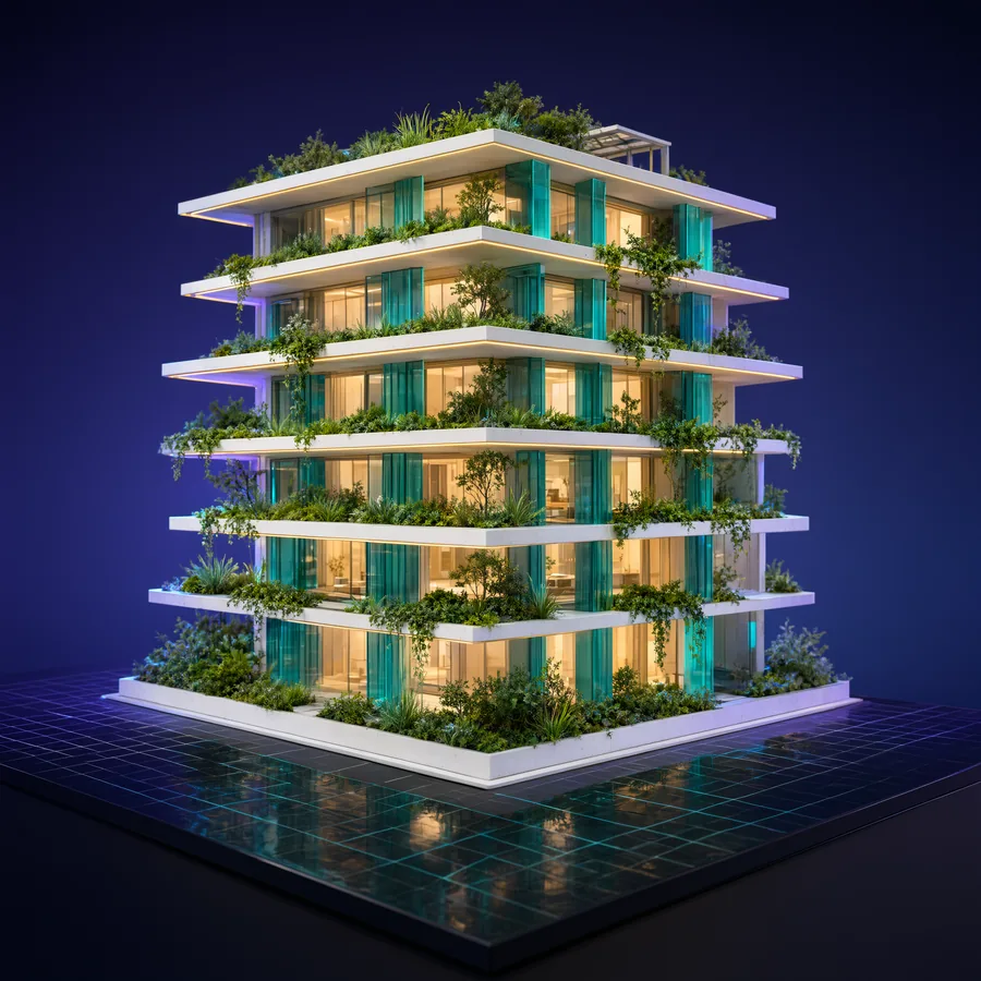 مجسم مبنى مستدام بواجهات زجاجية وشرفات خضراء
